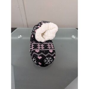 Ladies Slipper Socks Black Pink Fair Isle‎ Snowflake Heart Faux Shearling Lined
